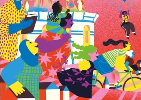 dibujos de mujeres vestidas con ropa de colores en la ciudad