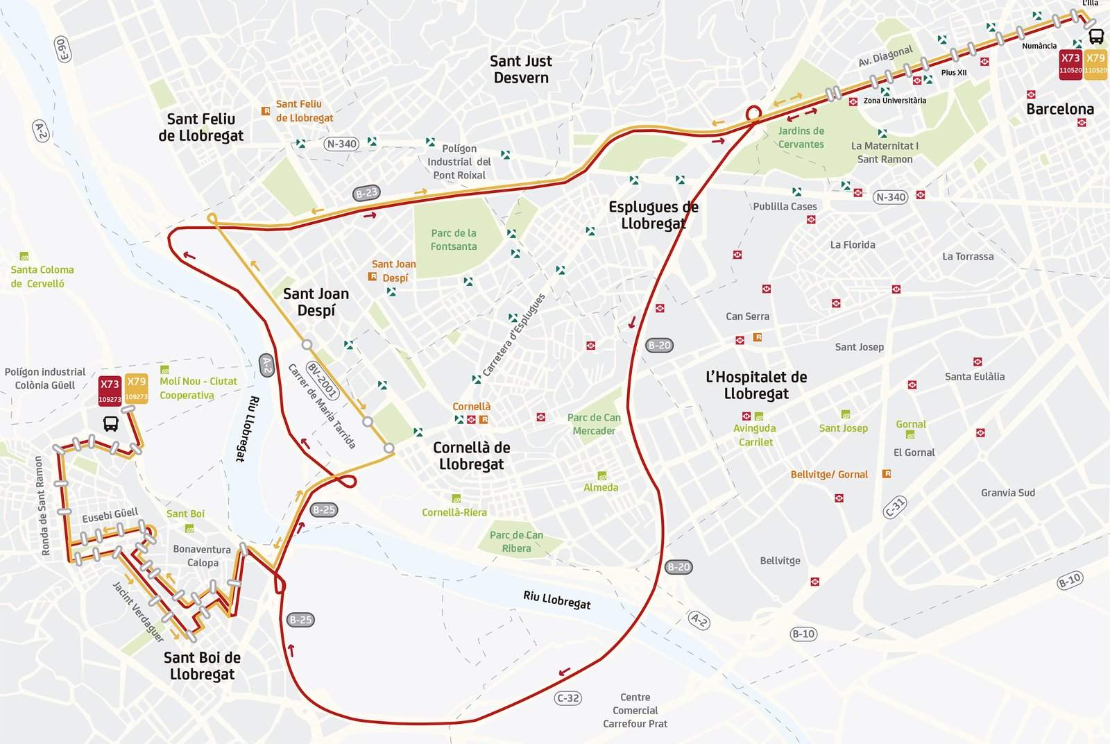 Plano con el recorrido de las líneas X73 y X79